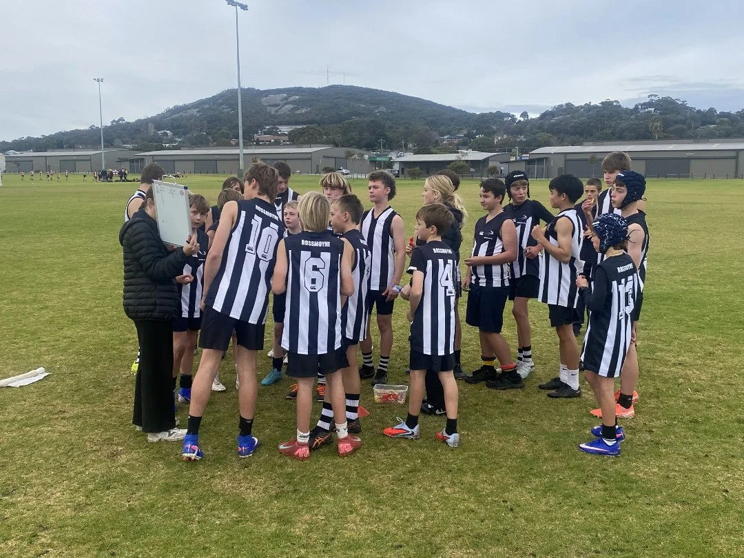 A Denmark SHS team huddle with student coaches and a whiteboard
